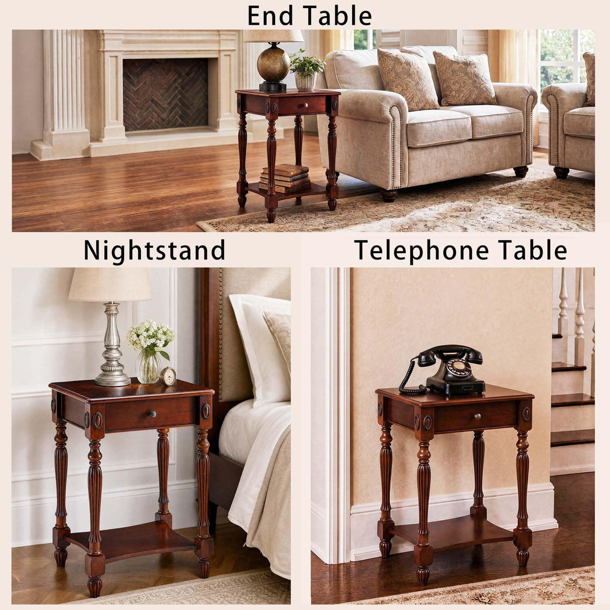 Solid Wood Side Table with Drawer, Cherry Walnut C446