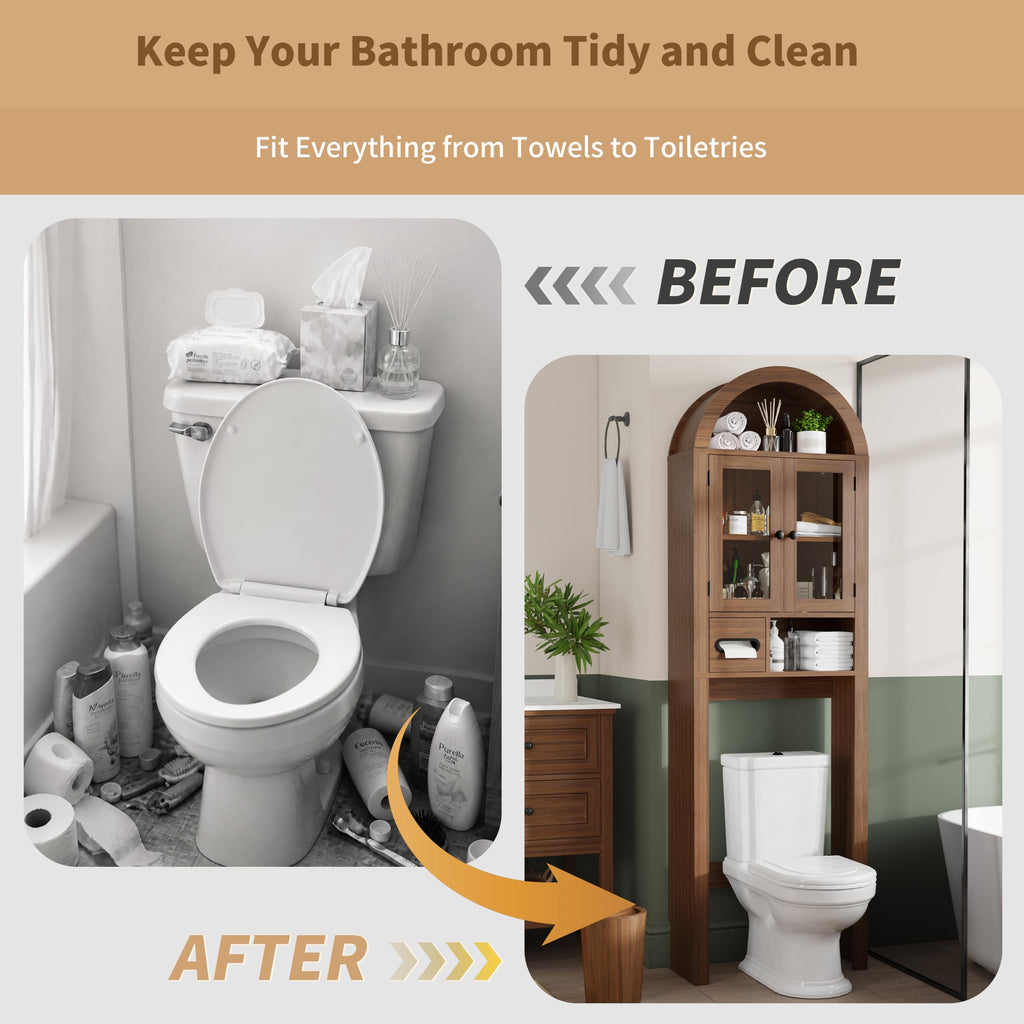 Arched Over the Toilet Storage Cabinet with Tempered Glass Doors D94716