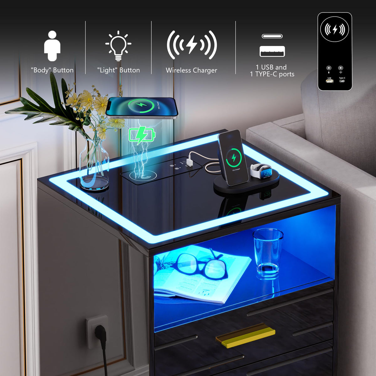 Black Glass Top 3 Drawer Nightstand with Wireless Charging L95999