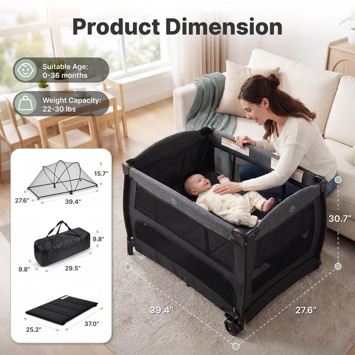 4-in-1 Pack and Play with Bassinet, Diaper Changer, Playpen M9425