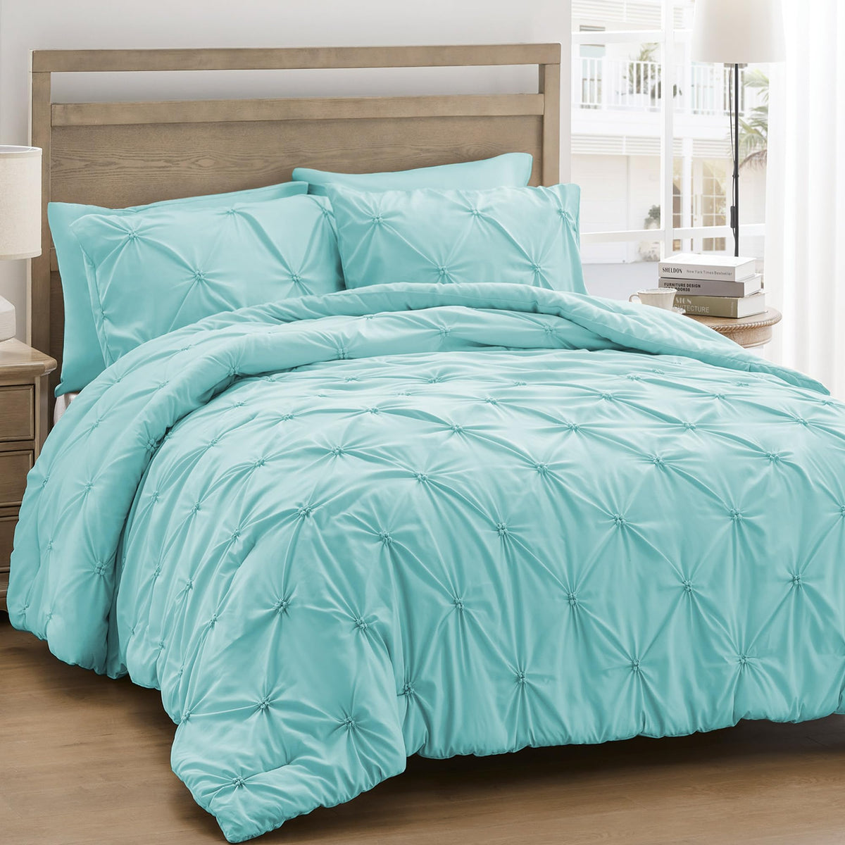 King Size Aqua Blue Pintuck Comforter Set J698