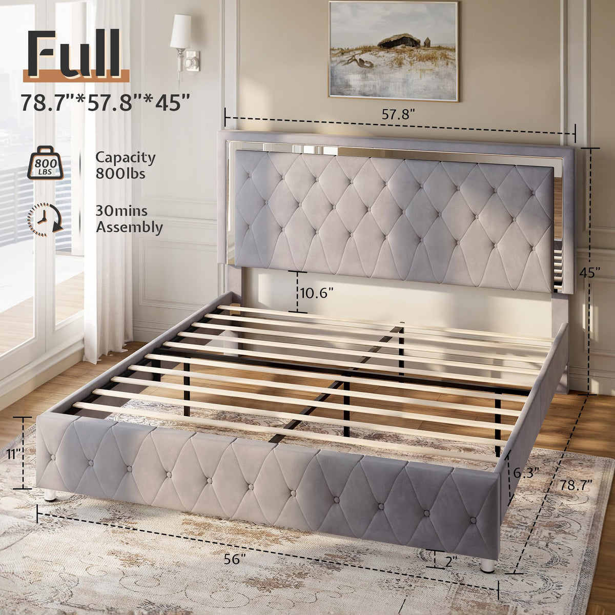Full Velvet Upholstered Bed Frame with LED Lights Headboard H637520