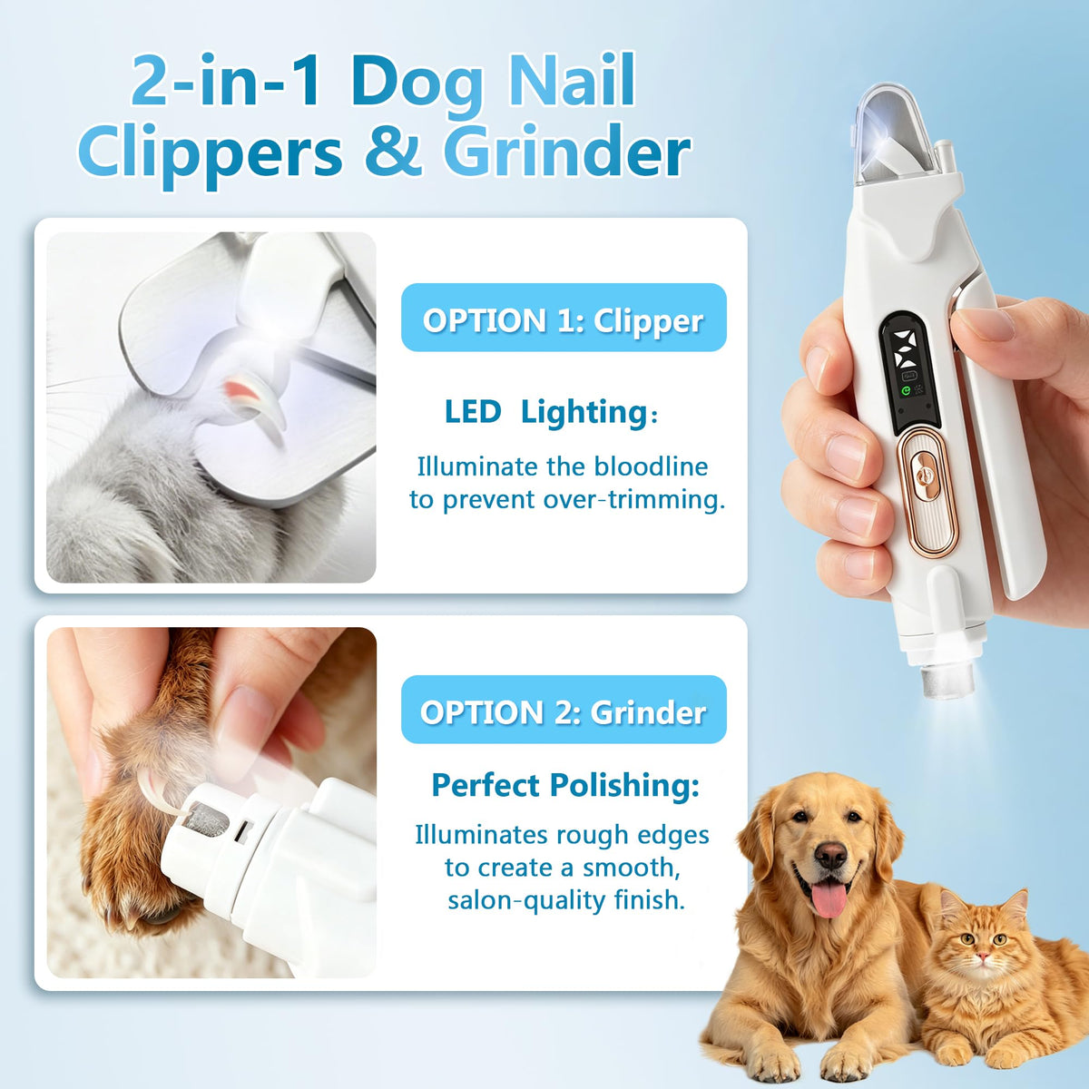2-in-1 Quiet Electric Pet Nail Clipper & Grinder with Light B8718