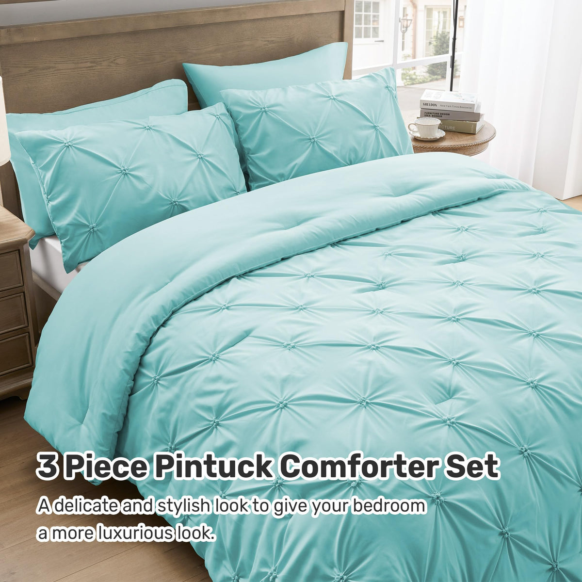 King Size Aqua Blue Pintuck Comforter Set J698