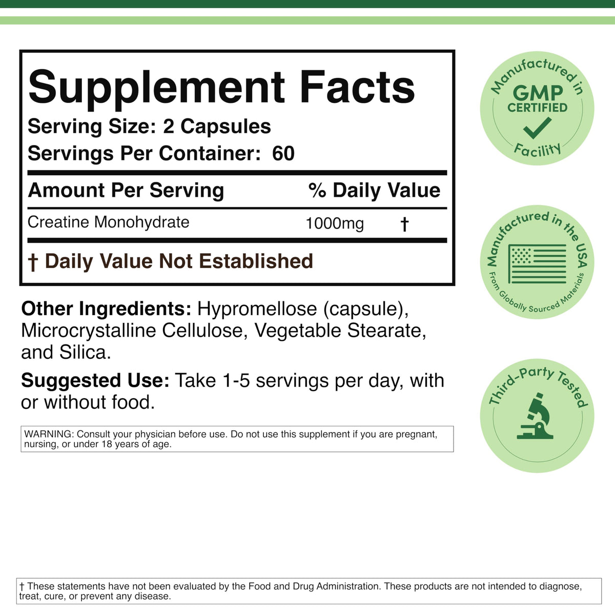 Creatine Monohydrate Capsules 1,000mg Vegan 120 Capsules L98924