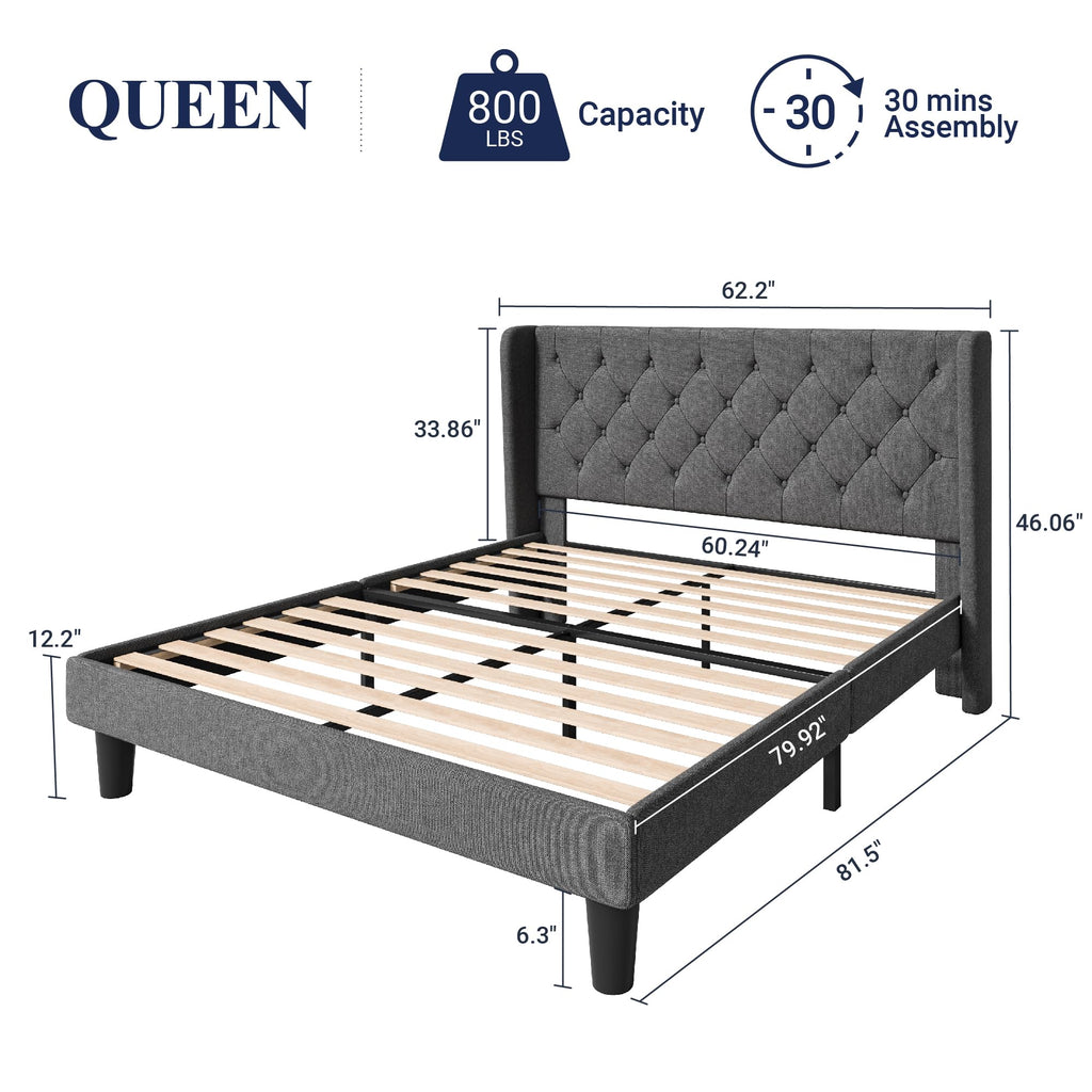 Queen Bed Frame with Button Tufted Wingback Headboard X879018