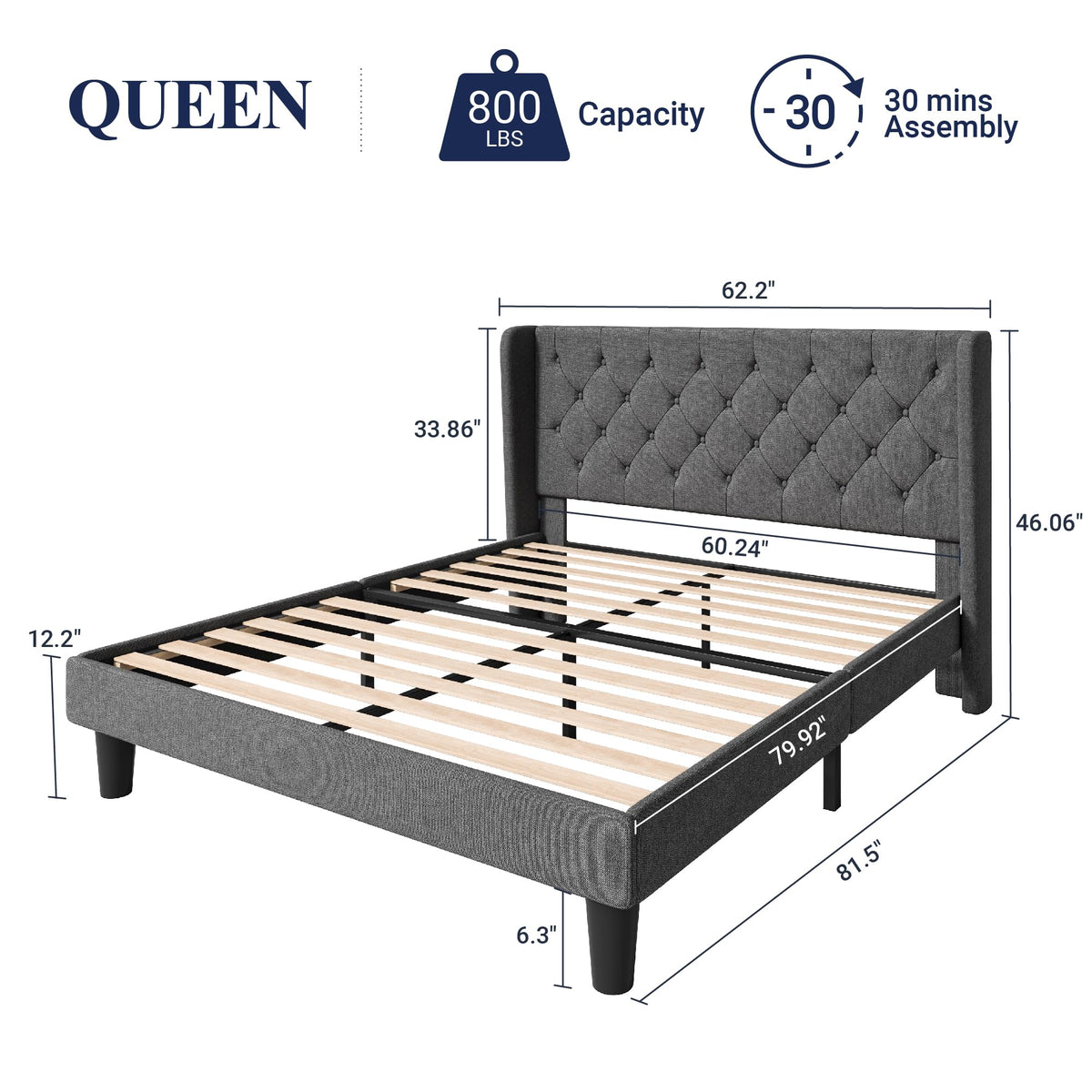 Queen Bed Frame with Button Tufted Wingback Headboard X879018