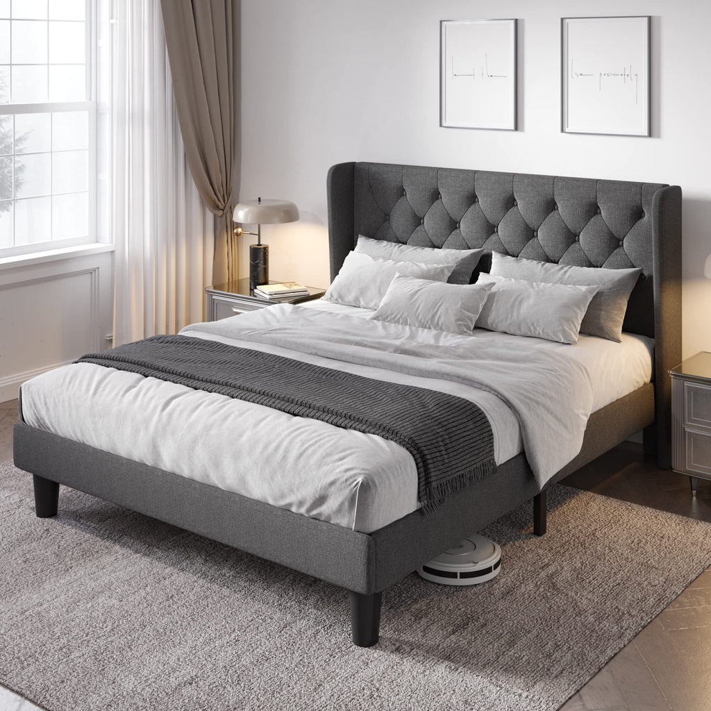 Queen Bed Frame with Button Tufted Wingback Headboard X879018