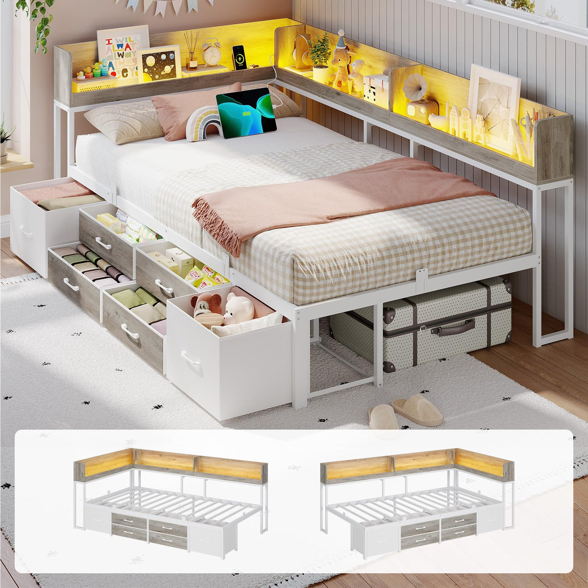 Twin Corner Bed Frame with Storage Bookcase and 6 Drawers S96775