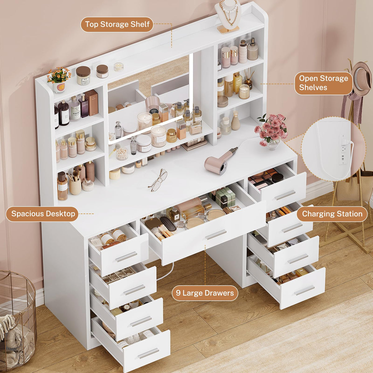 White Vanity Desk with Mirror and 9 Drawers K73487