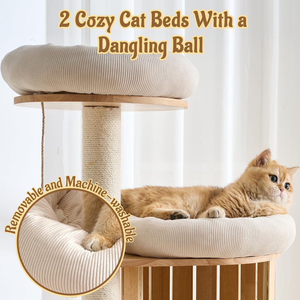 70" Wood Cat Tree with 2 Cat Caves O382