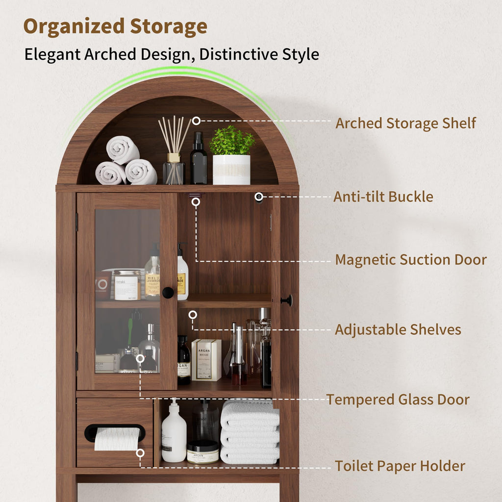 Arched Over the Toilet Storage Cabinet with Tempered Glass Doors D94716