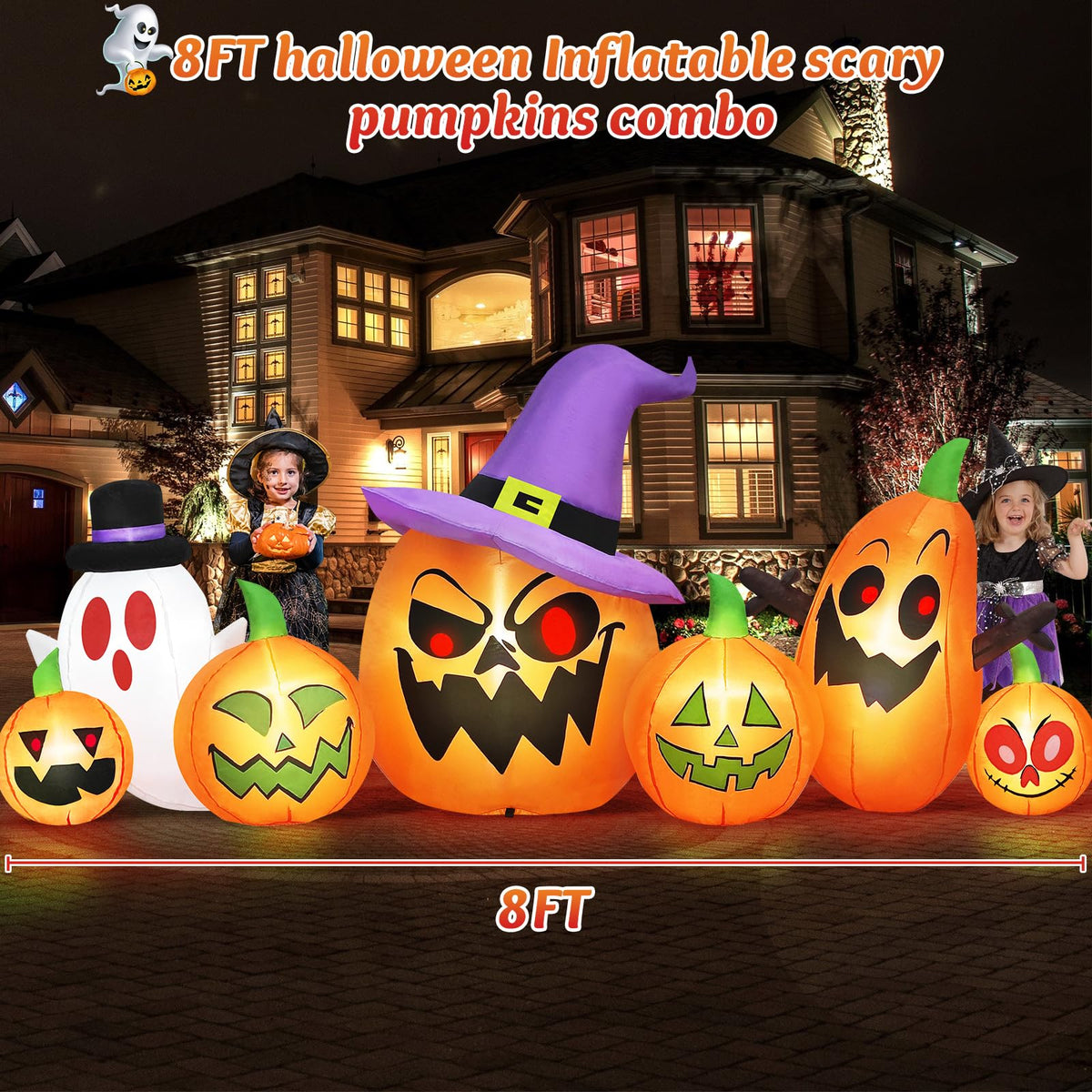 8FT Halloween Inflatables Pumpkin Witch Hat & Ghost Combo I895795