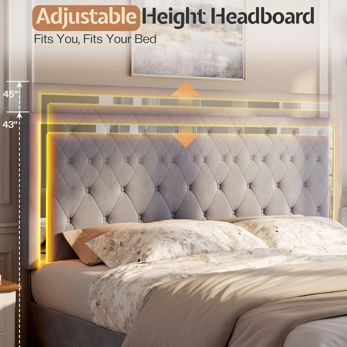 Full Velvet Upholstered Bed Frame with LED Lights Headboard H637520
