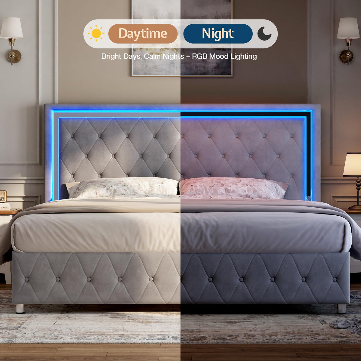 Full Velvet Upholstered Bed Frame with LED Lights Headboard H637520