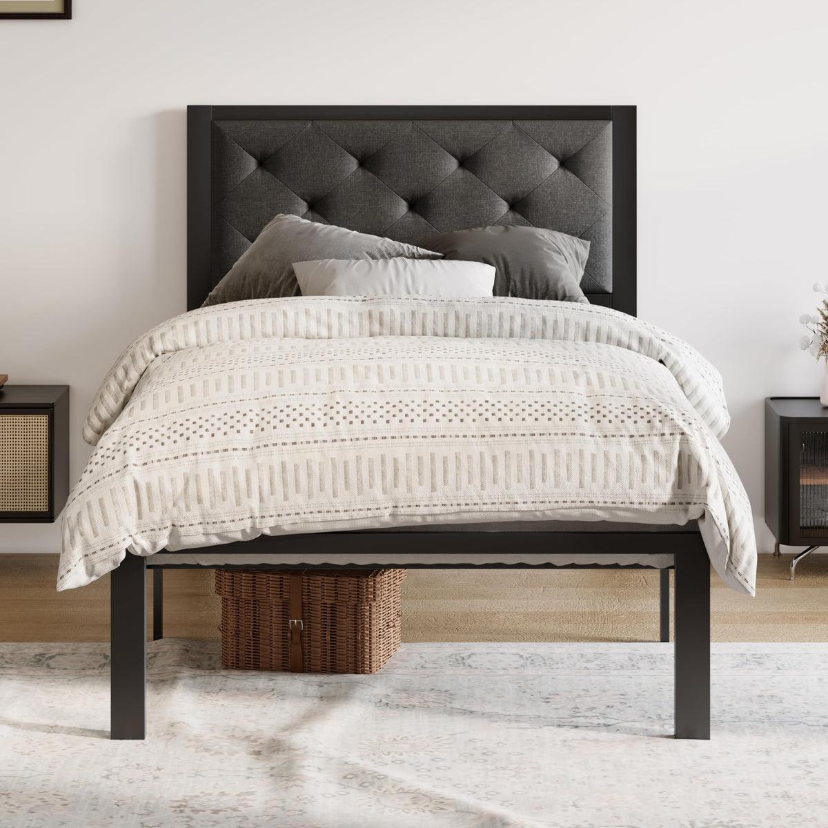 Twin Bed Frame with Upholstered Headboard, Dark Grey B894235