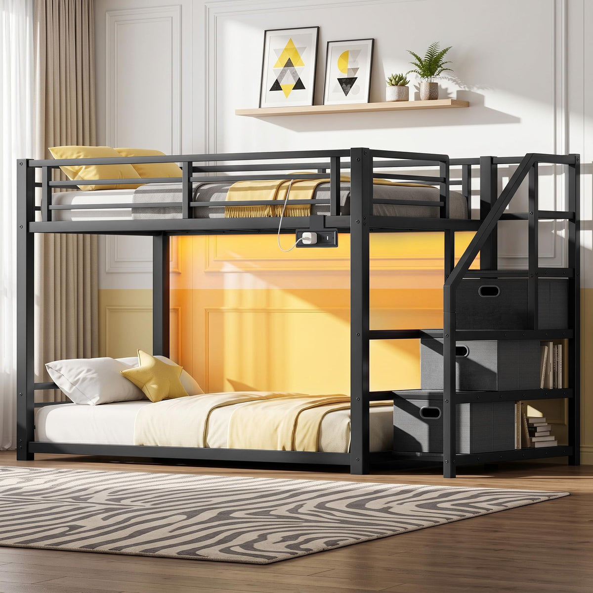 Twin Over Twin Metal Bunk Bed with Storage Stairs, Drawers & Shelves, Power Outlet and RGB LED Lights, Safety Guardrails & Metal Slats (Black) E7933