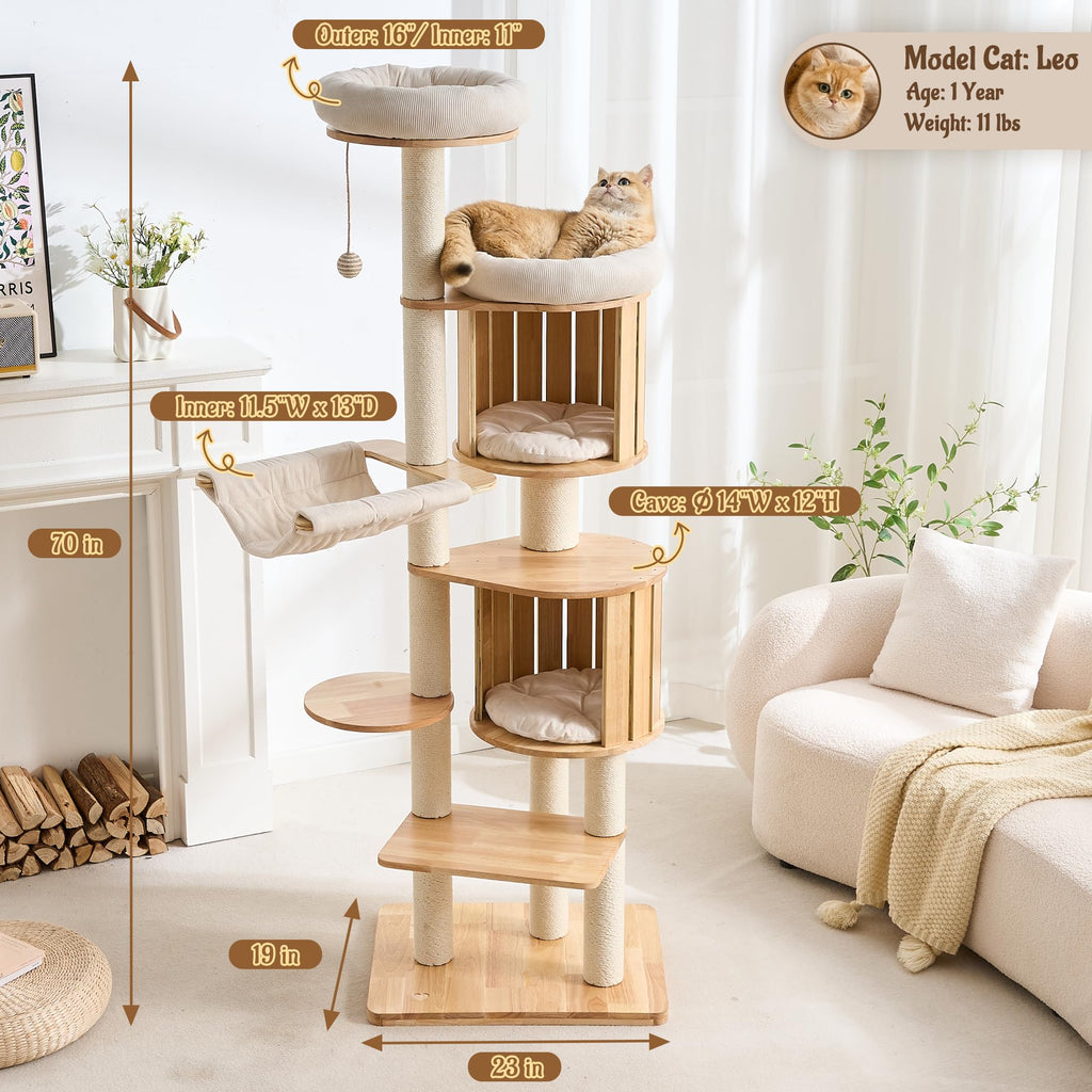 70" Wood Cat Tree with 2 Cat Caves O382