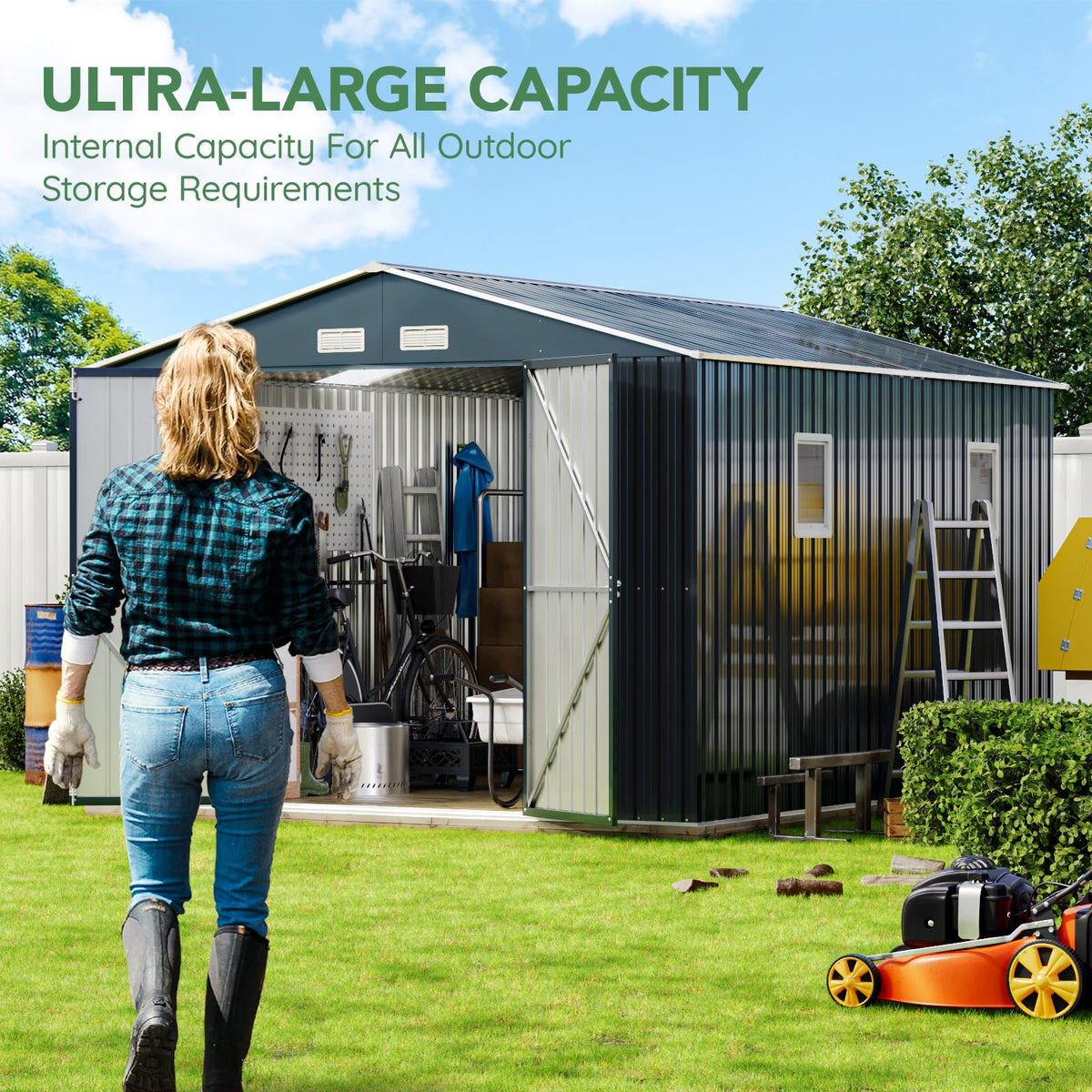 10x12X7.5FT Outdoor Steel Storage Shed with Lockable Doors and Frame Floor I142706