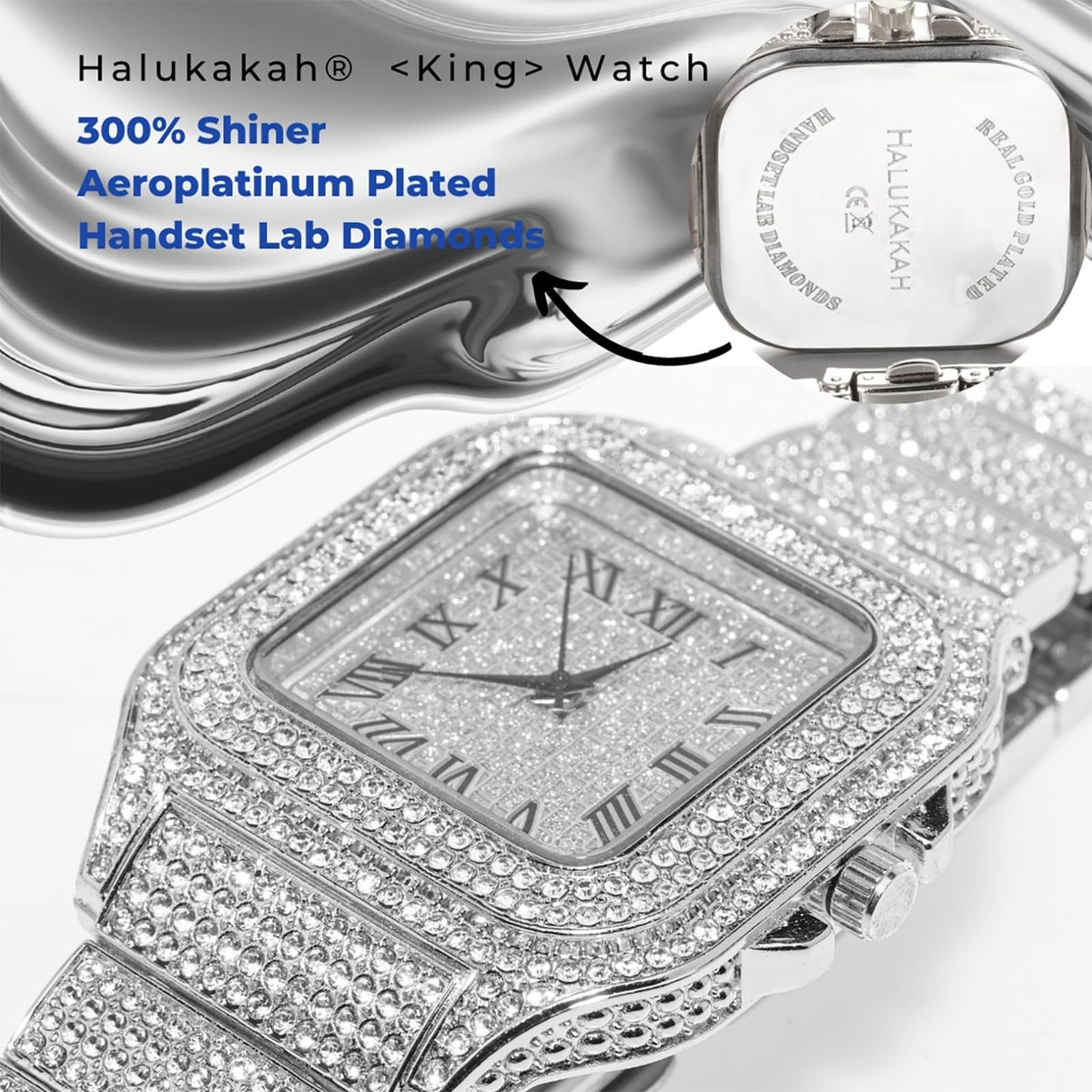 Men's Watch 18K Gold Platinum Plated 40MM Square Dial Diamond Wristband V4775