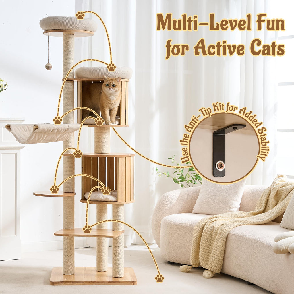 70" Wood Cat Tree with 2 Cat Caves O382