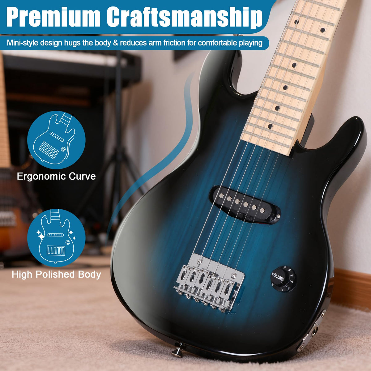 30 inch Kids Electric Guitar with 5w Amp, Gig Bag, Strap, Cable, Strings and Picks, Blue D9550