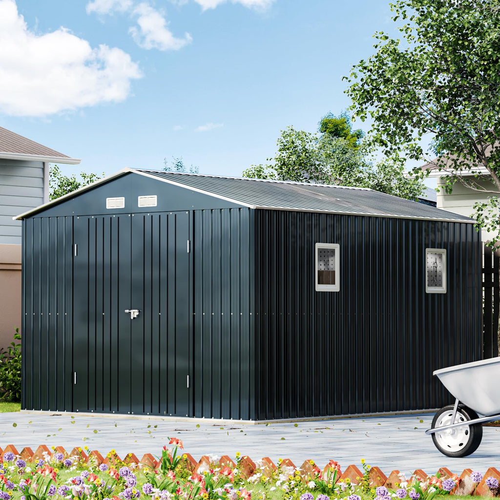 10x12X7.5FT Outdoor Steel Storage Shed with Lockable Doors and Frame Floor I142706