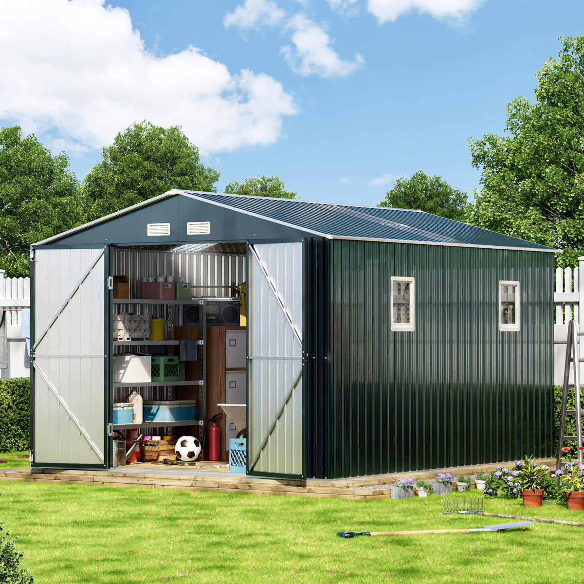 10x12X7.5FT Outdoor Steel Storage Shed with Lockable Doors and Frame Floor I142706
