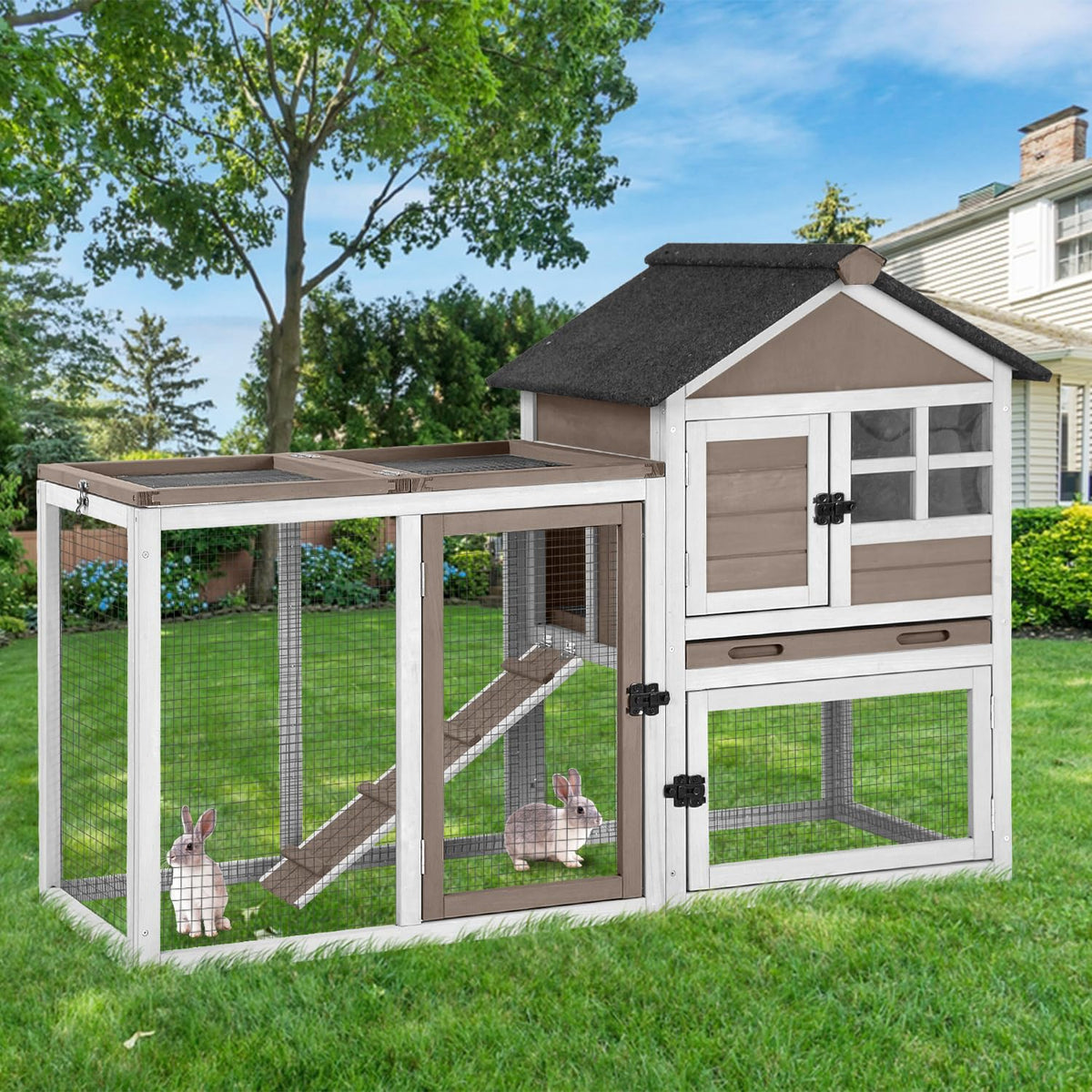 51.6" Large Rabbit Hutch with Run and Tray O586