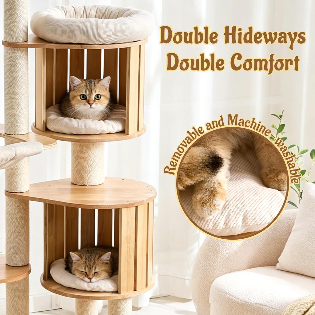 70" Wood Cat Tree with 2 Cat Caves O382