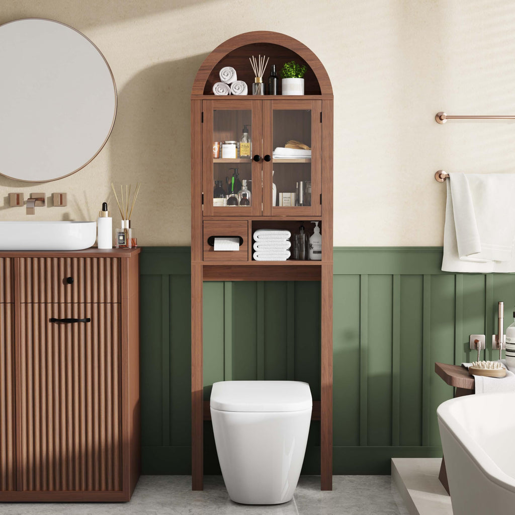 Arched Over the Toilet Storage Cabinet with Tempered Glass Doors D94716