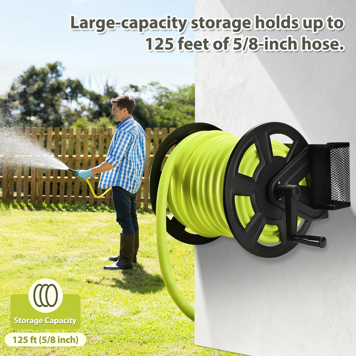 Wall Mounted Hose Reel, Holds 125ft of 5/8-Inch Hose, Black Z98109