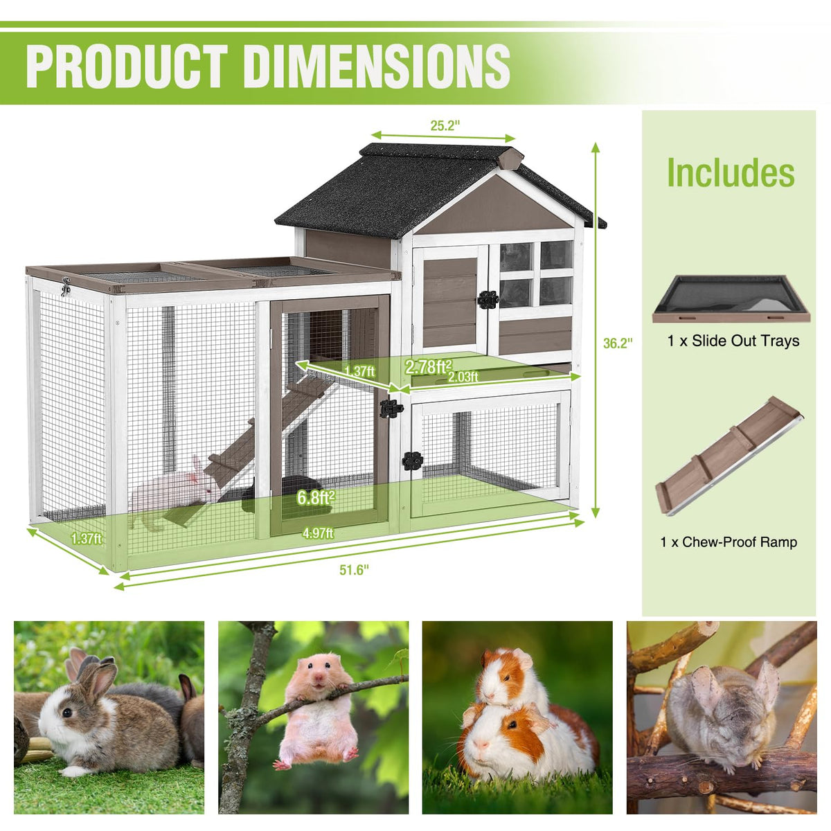 51.6" Large Rabbit Hutch with Run and Tray O586