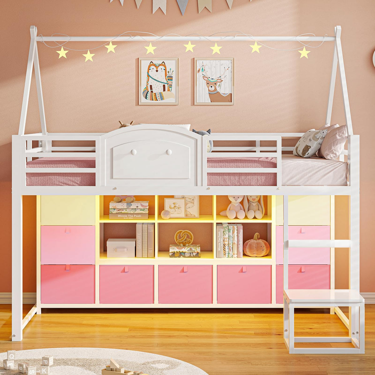 Twin Size Low Loft Bed with 9 Storage Drawers and Guardrail M39046