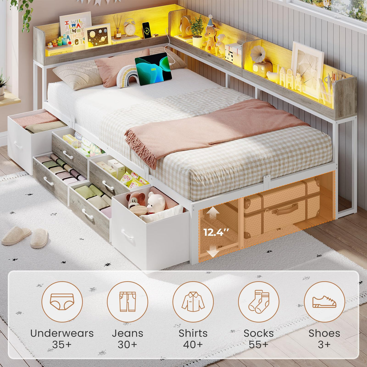 Twin Corner Bed Frame with Storage Bookcase and 6 Drawers S96775