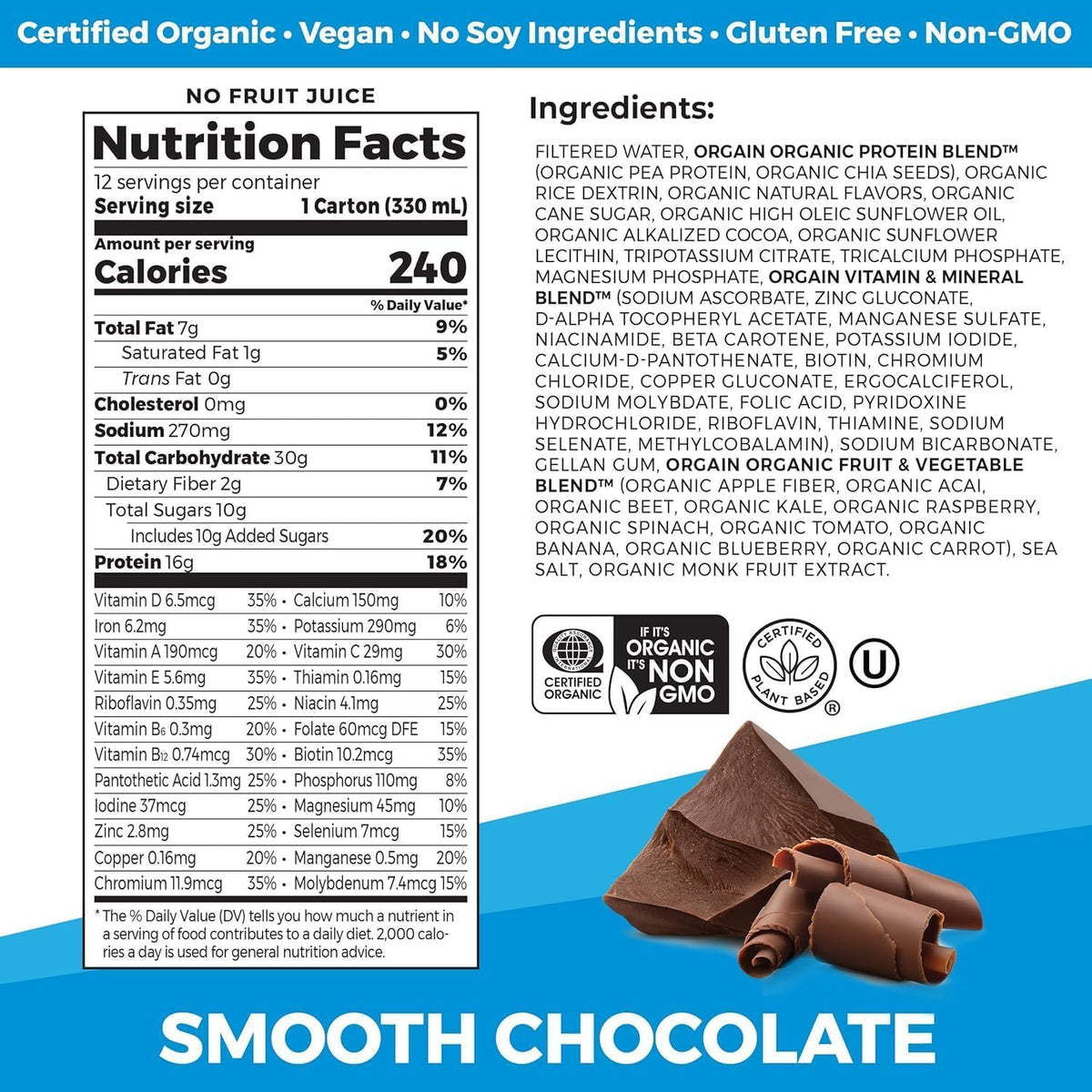 Organic Vegan Protein Shake Smooth Chocolate & Vanilla Bean 16g 11 Fl Oz D134864