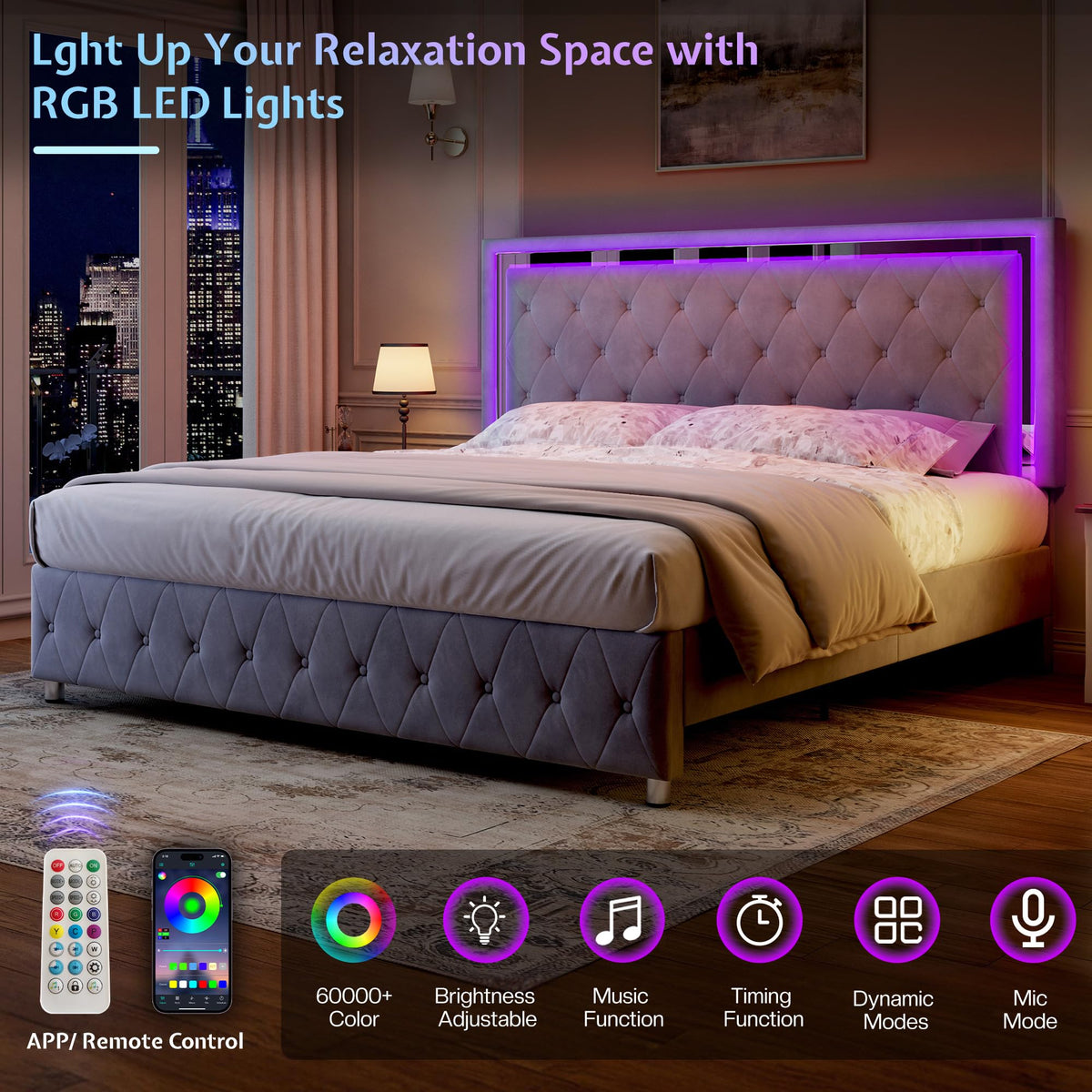 Full Velvet Upholstered Bed Frame with LED Lights Headboard H637520