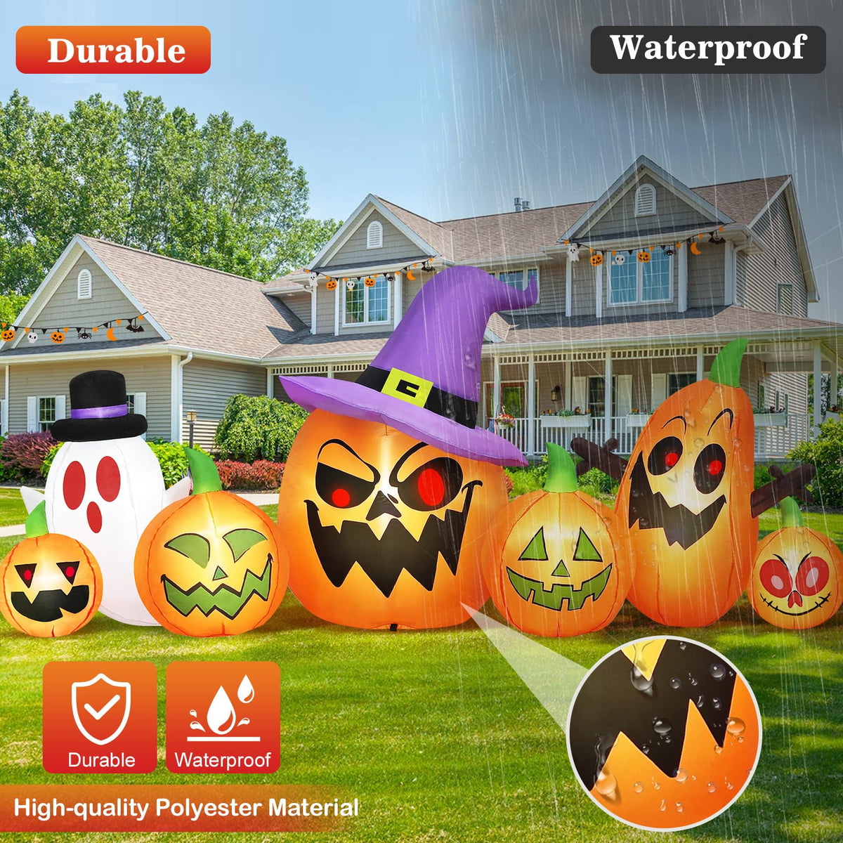 8FT Halloween Inflatables Pumpkin Witch Hat & Ghost Combo I895795