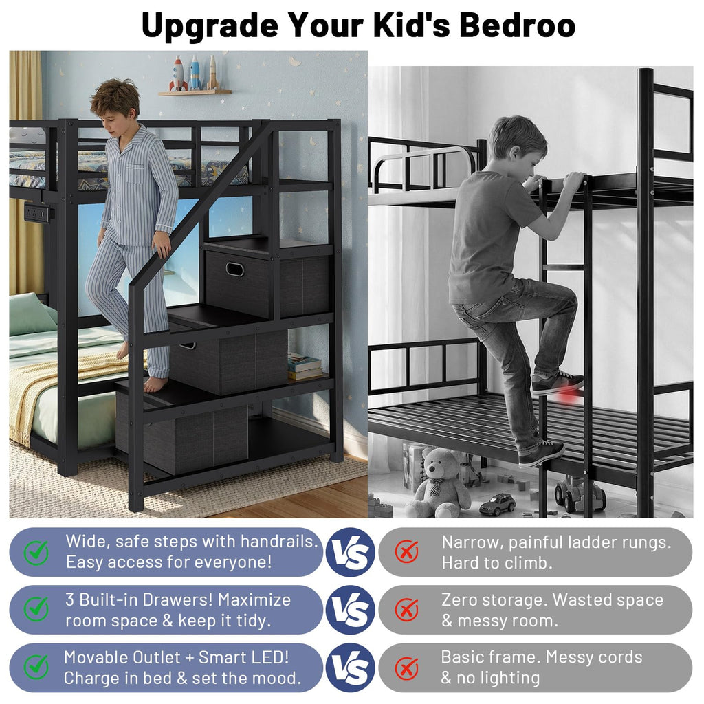 Twin Over Twin Metal Bunk Bed with Storage Stairs, Drawers & Shelves, Power Outlet and RGB LED Lights, Safety Guardrails & Metal Slats (Black) E7933