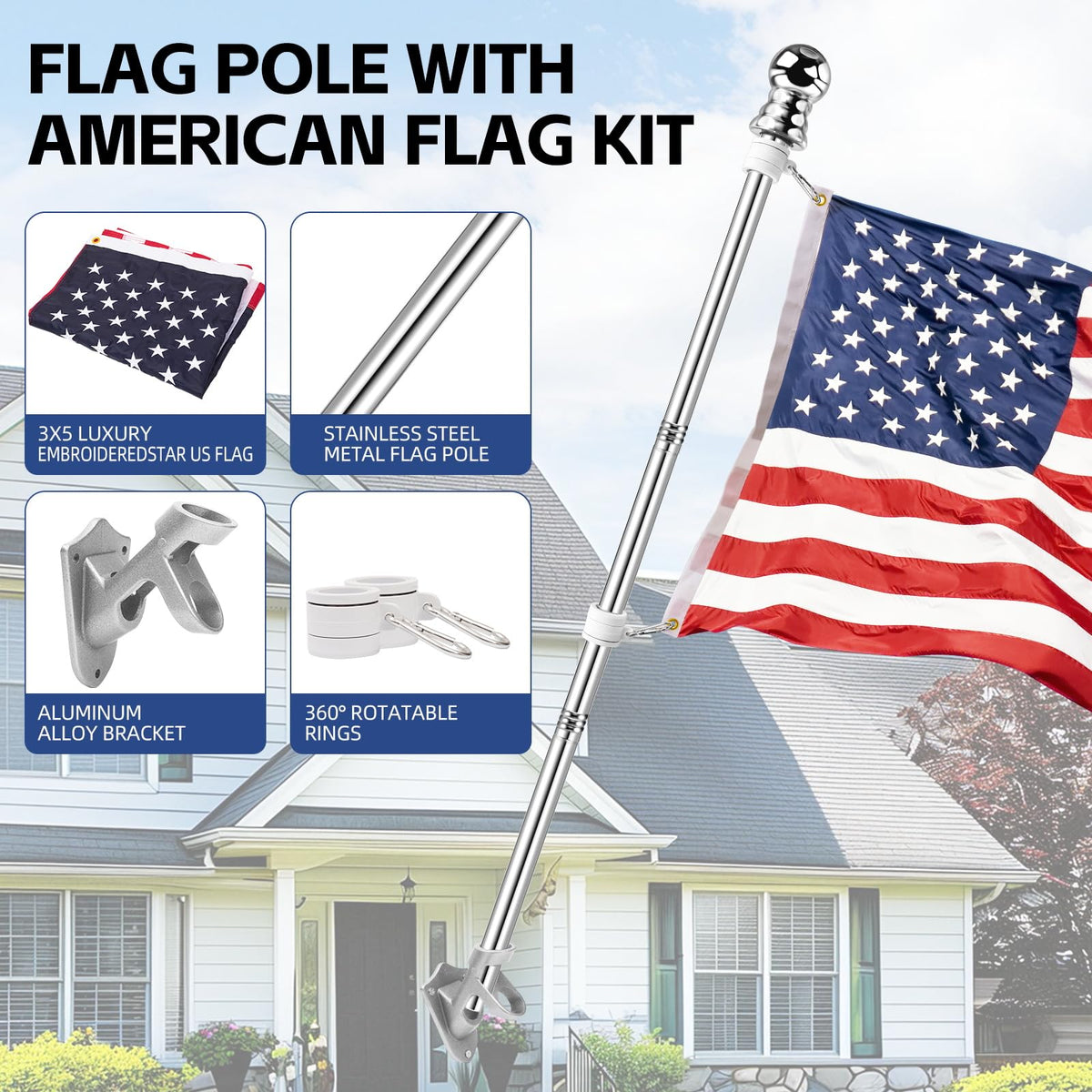 5 FT Flag Pole Kit with 3x5ft American Flag Stainless Steel S253