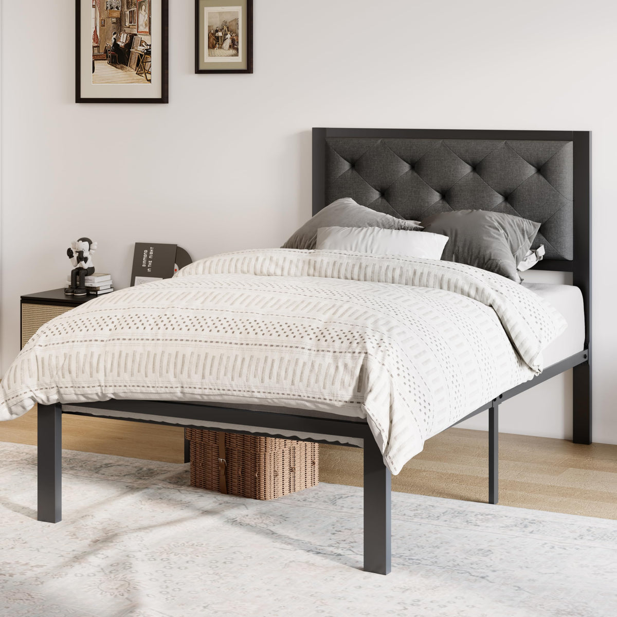 Twin Bed Frame with Upholstered Headboard, Dark Grey B894235