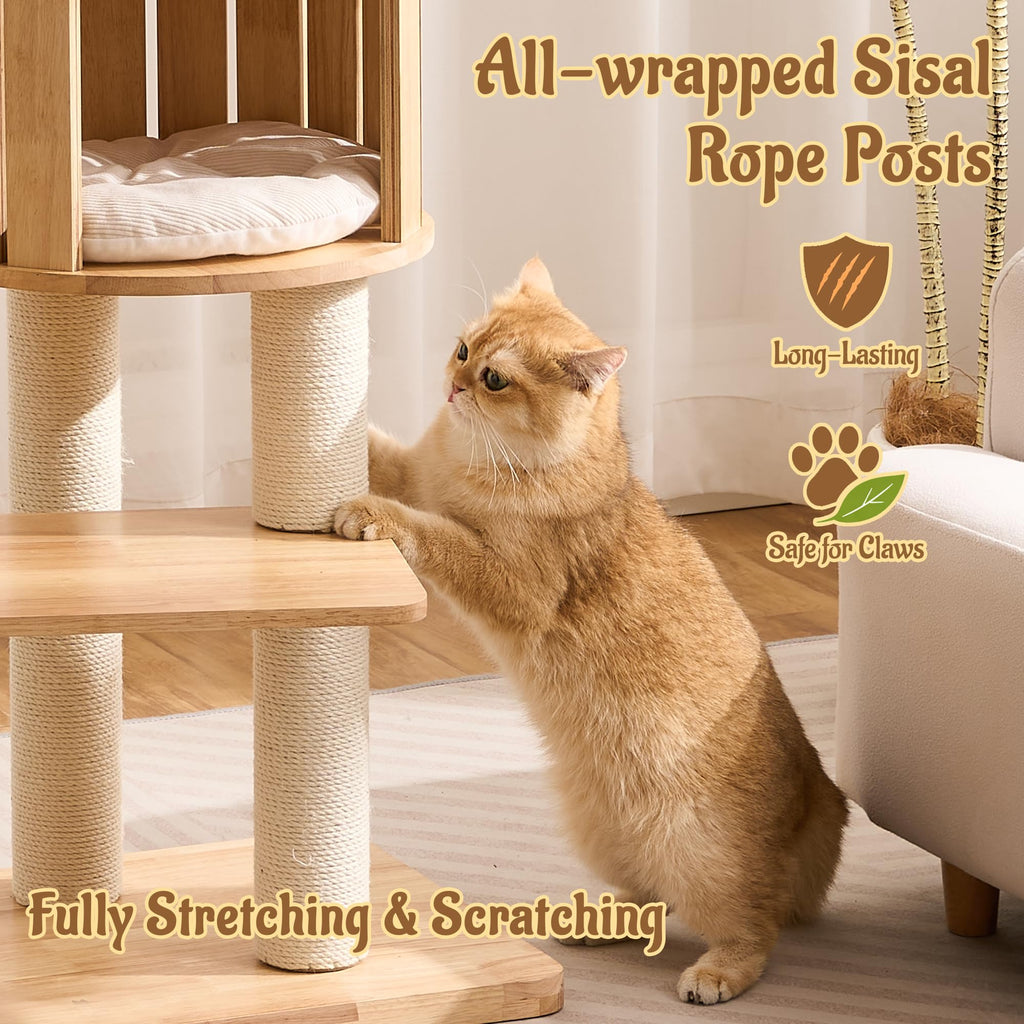 70" Wood Cat Tree with 2 Cat Caves O382