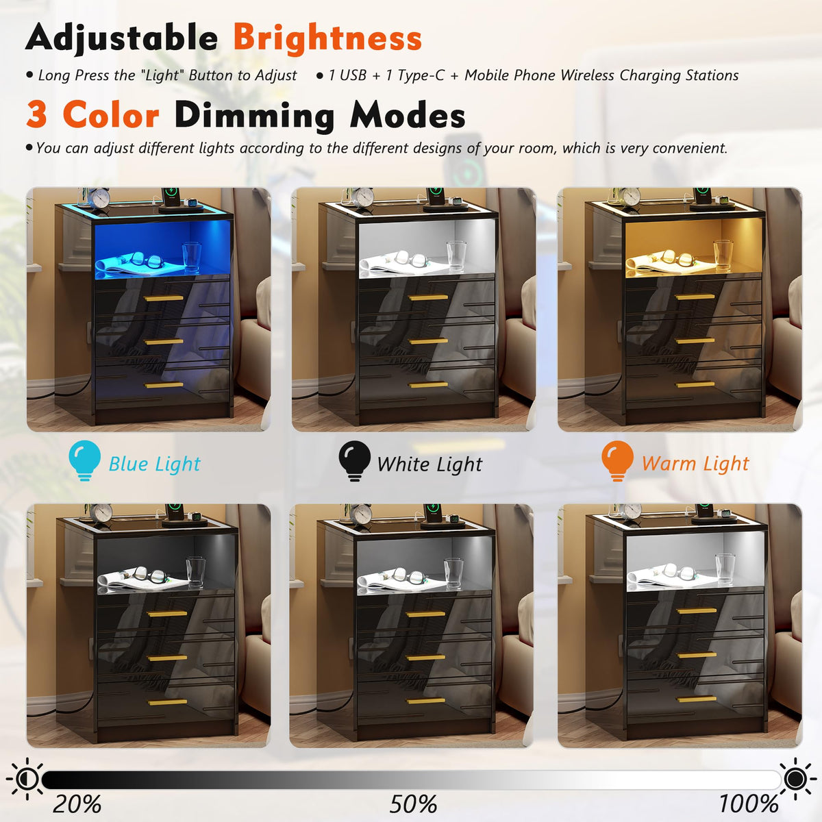 Black Glass Top 3 Drawer Nightstand with Wireless Charging L95999