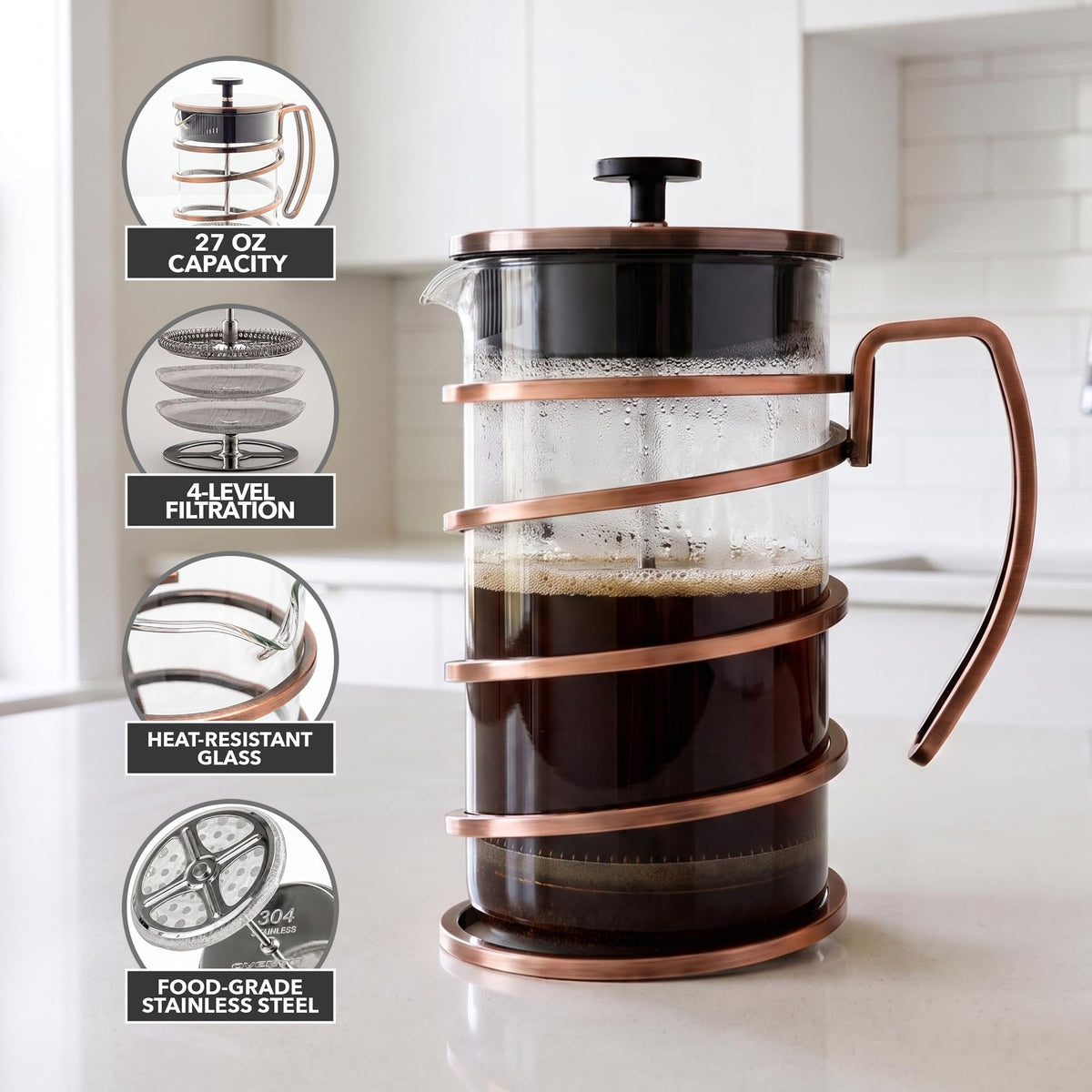 French Press Coffee Maker 27oz with 4 Filters S3157