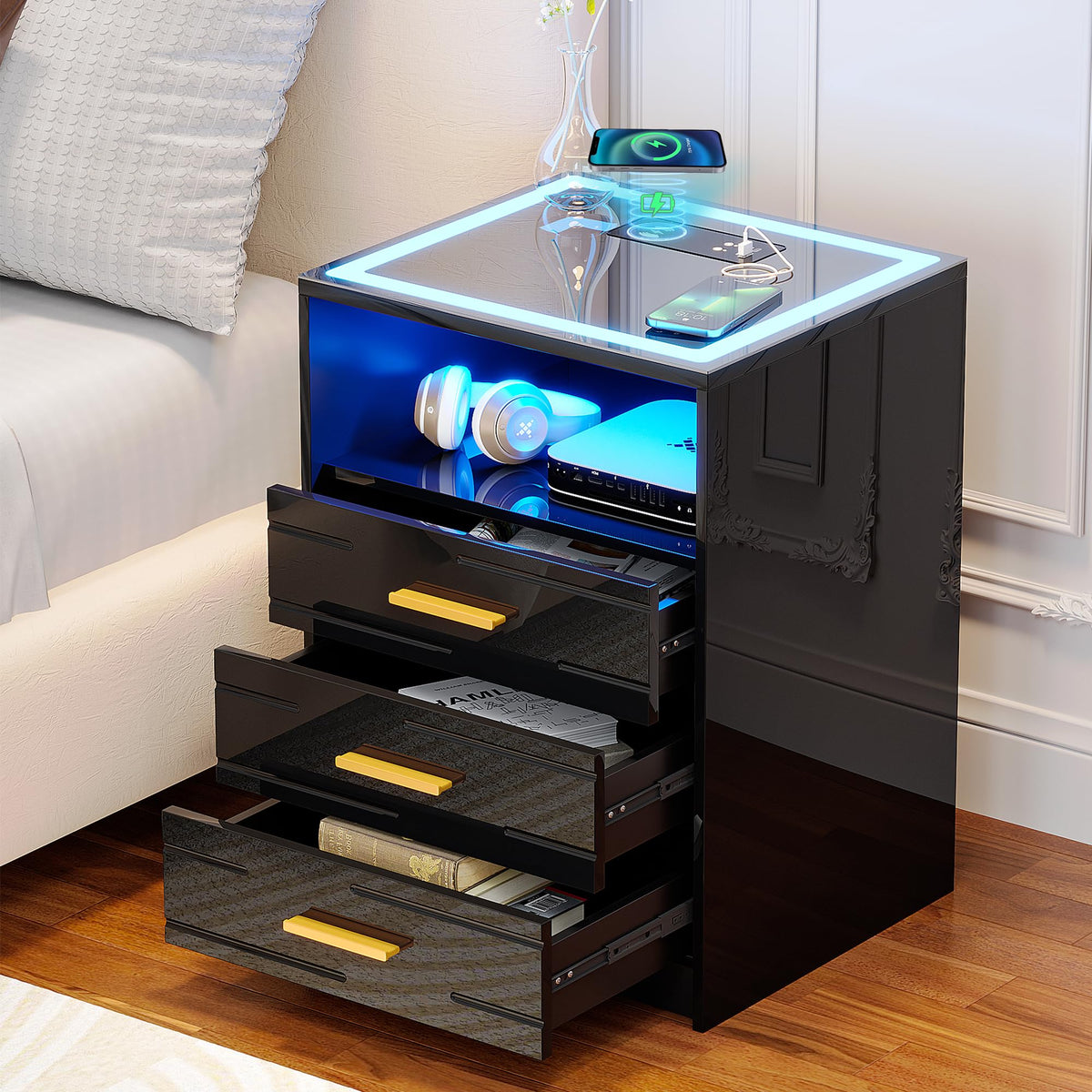 Black Glass Top 3 Drawer Nightstand with Wireless Charging L95999