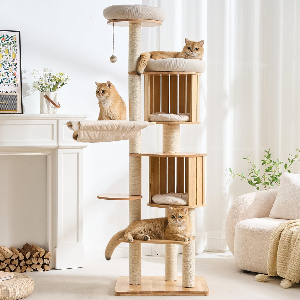 70" Wood Cat Tree with 2 Cat Caves O382