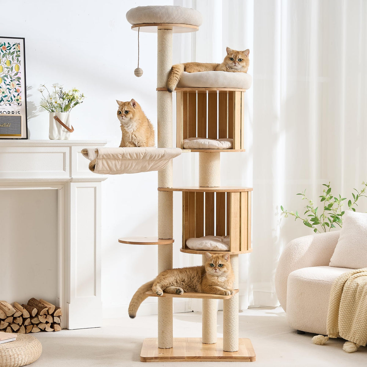 70" Wood Cat Tree with 2 Cat Caves O382