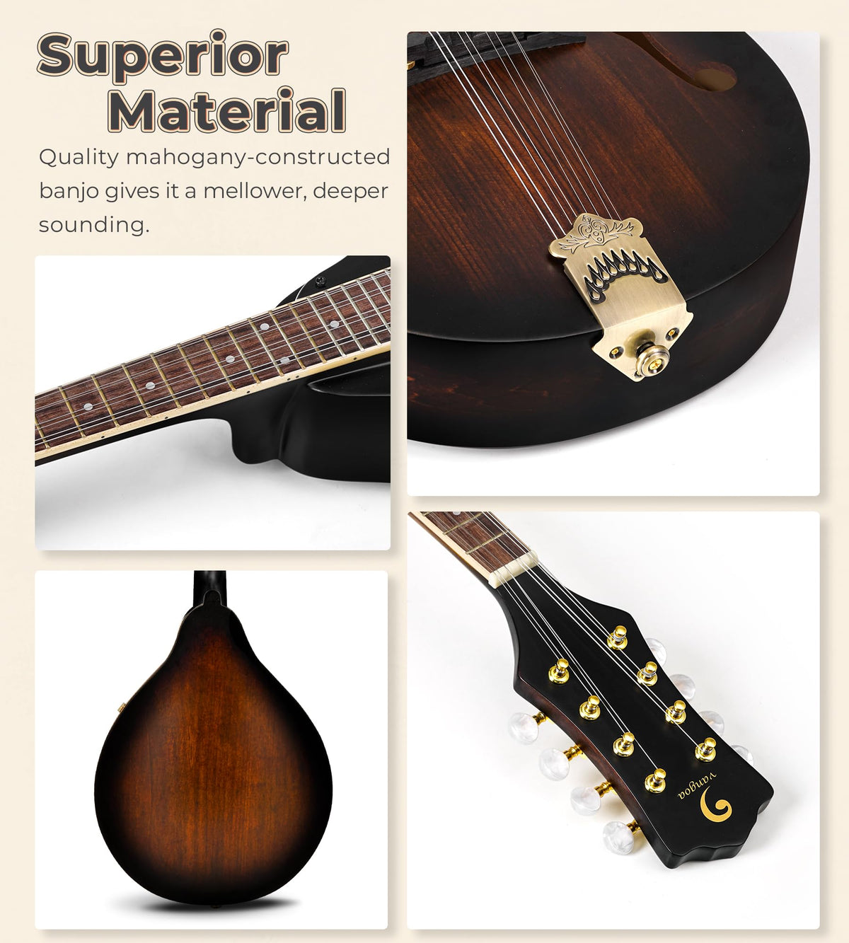 Acoustic Mandolin Instrument Solid Spruce Top 8 String Dark Brown N4427