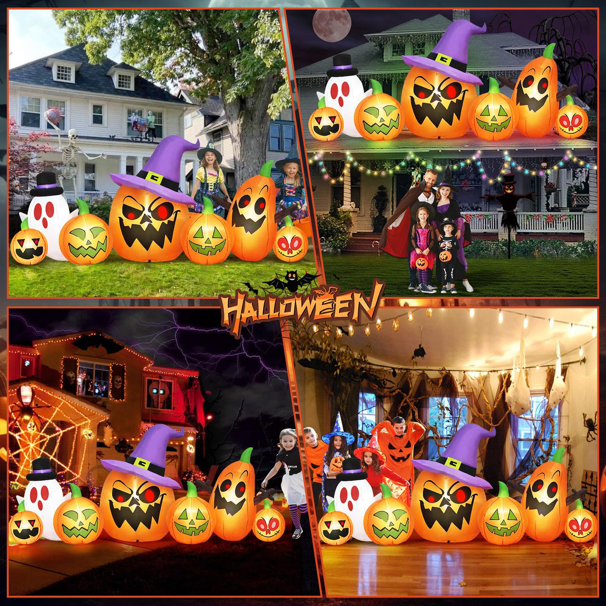 8FT Halloween Inflatables Pumpkin Witch Hat & Ghost Combo I895795