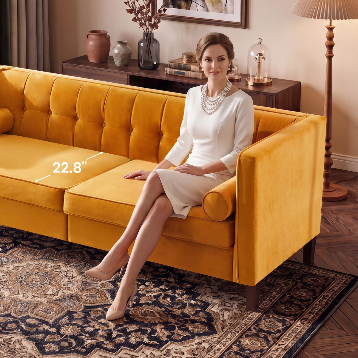78" Velvet 3 Seater Sofa with Bolster Pillows B420900